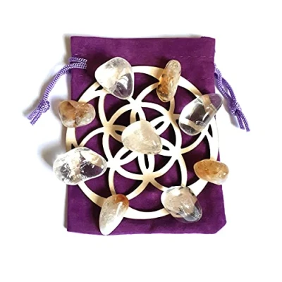 Image of Positive Energy Crystal Grid Seed of Life Mini Set Citrine, Clear Quartz Crystals tumblestones Reiki Charged