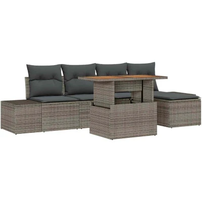 Image of vidaXL 6 Piece Garden Sofa Set with Cushions Grey Poly Rattan