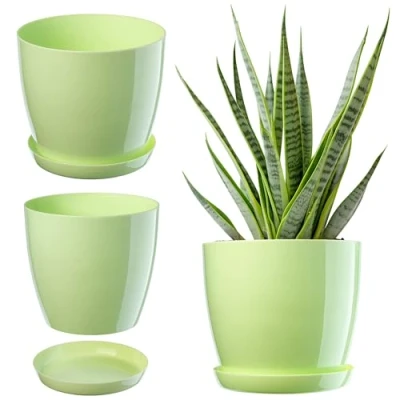 Image of KADAX Plant Pot, Plastic Flowerpot with matching Tray, Indoor Planter in several colours, Lightweight and Waterproof Pot for Office Living Room (⌀16cm, Light Green)