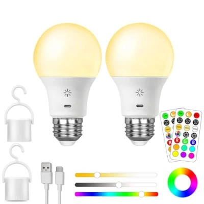 Image of USB Rechargeable Light Bulb With Remote Control, 8W Smart RGB Color Changing Bulb, 9+3 Temperature, E27 LED Dimmable Touch Control Bulbs Timing Function, 2600mah Battery Powered, A19,2 PACK