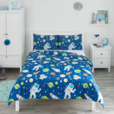 Image of Bloomsbury Mill Kids Double Duvet Set Bedding for Boys and Girls Outer Space, Rockets Planets Blue Childrens Bed Cover with 2 x Pillow Cases 200x200cm