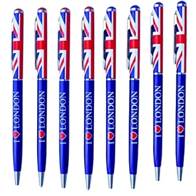 Image of Souvenirs London Pens Union Jack Blue I Love Set of 8 British Gift UJ UK England pen