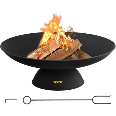 Image of VEVOR Fire Pit Bowl, 30 Inch Deep Round Cast Iron Wood Burning for Outdoor Patios, Backyards &amp; Camping Uses, with A Stable Bowl Designed Base and Firewood Stick, Black