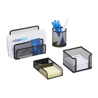 Image of Relaxdays Set of 4 Piece, Mesh Metal Accessory with Desk Organizer Letter Tray, Pen &amp; Memo Box 4, Black, 14.5 X 17.5 13.5 Cm