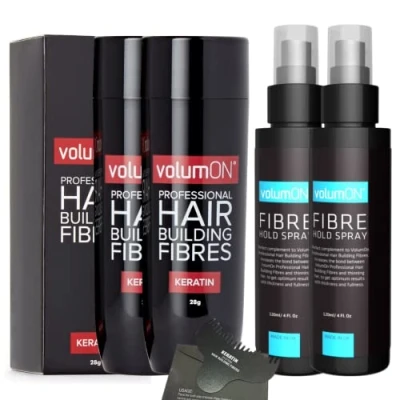 Image of Hair Fibres x2 VOLUMON Keratin Building For Thinning Instantly Conceals Areas Fuller Thicker Men &amp; Women 28g + Fibre Hold Spray Optimiser (Light Brown)