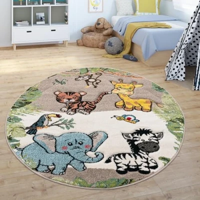 Image of Paco Home Kids Rug Jungle Animals Giraffe Lion Monkey Zebra Beige Cream, Size:Ø 120 cm round