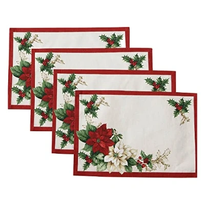 Image of Elrene Home Fashions Red and White Poinsettia Holiday Fabric Placemats, Christmas Mats for Table Decor, 13 Inches x 19 Inches, Set of 4