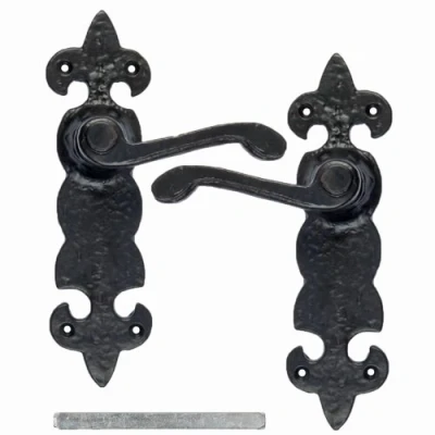Image of Black Cast Iron Fleur De Lys Door Antique Handles Bathroom Lever Latch Lock Pair
