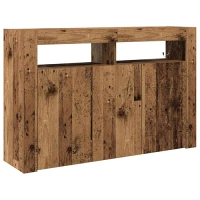 Image of vidaXL modern wood sideboard cabinet with led lights engineered buffet for living room or dining 116cm wide floor 3 doors and 8 compartments brown