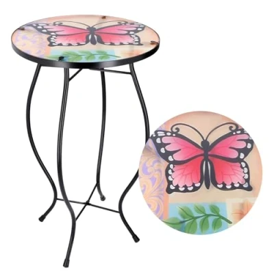 Image of Iron/Glass Round Mosaic Design Side Table Garden Outdoor Patio Flower Plant Stand (Large Butterfly)