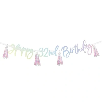 Image of Amscan 9911626 Iridescent Happy Birthday Add an Age Letter Banner includes Number &amp; Stickers for 1st to 100th 2.74m