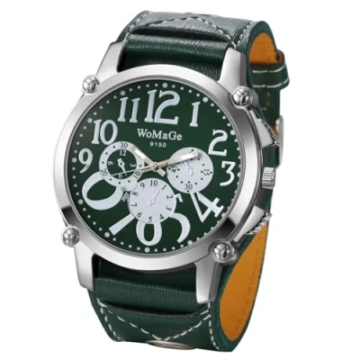 Image of JewelryWe Men&#039;s Steampunk Leather Watch: Easy to Read Large Big Dial Green Wide Strap Analog Quartz Three Eye Decorative Biker Cuff Wrist Watch