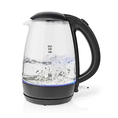 Image of Ex Pro Electric Kettle, 1.7L Glass Jug with Blue LED Illumination, 360 Swivel Base, Fast Boil, Auto Shut Off and Boil Dry Protection, 2200W, Cordless, Black