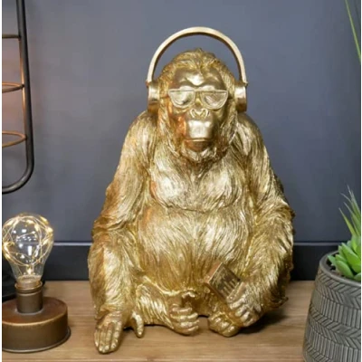 Image of HomeWare Casadomu Gold Gorilla With Headphones Ornament Lifestyle Statue Resin Ape Monkey Figure