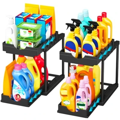 Image of TidyTrove 2Pack Under Sink Storage 2 Tier Sliding Organiser,Kitchen Shelf,Pull Out Cabinet Drawer Cupboard Organiser for Kitchen Bathroom,Black