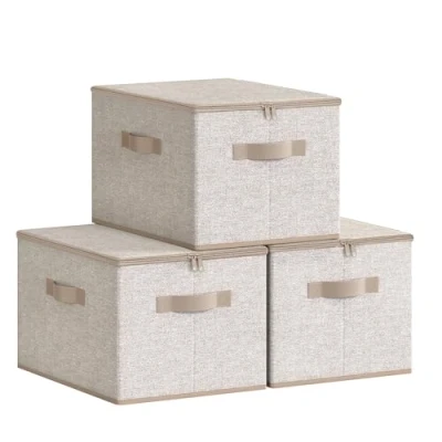 Image of SONGMICS Foldable Storage Organiser Boxes, Set of 6 Basket Bins with Lids, Handles, Clothes Organiser, 40 x 30 25 cm, Non Woven Fabric, Sand Beige RZB003K02