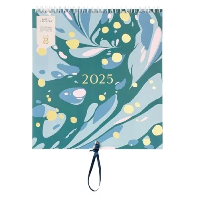 Image of Busy B 2025 Wall Calendar Family Calendar, Green Marble Design with 5 Columns &amp; Storage Pockets Monthly for Families Colour Coded Stickers 23.5 x 25.5cm
