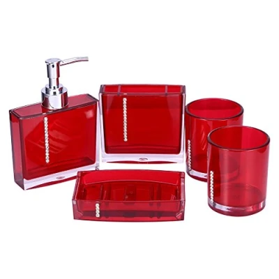 Image of Bathroom Accessory Set,5Pcs Acrylic Accessories Set Luxury Bath Vanity with Cup Bottle Toothbrush Holder Soap Dish Liquid Lotion Pump Dispenser for Home Hotel(Red)