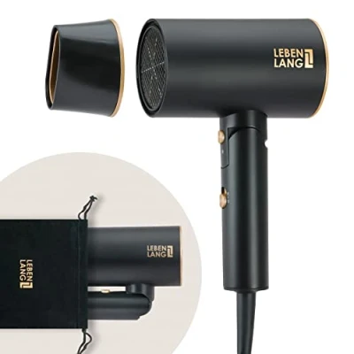 Image of LEBENLANG Hair Dryer Ion 2100W Black &amp; Grey I Anti Spliss with Cold Air Mode Travel Foldable (Black/Gold)