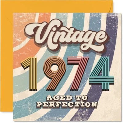 Image of 51st Birthday Card for Men Women Vintage 1974 Aged To Perfection Happy 51 Cards Uncle Son Nanny Grandma Neighbour Brother, 145mm Bday Greeting