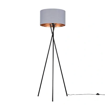 Image of MiniSun Modern Gloss Black Metal Tripod Floor Lamp with a Grey &amp; Copper Cylinder Shade