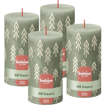 Image of Bolsius Rustic Pillar Candles Silhouette Green with Print Pack of 4 13 x 7 cm Long Burning Time Household Candle Includes Natural Vegan Wax Without Palm Oil Christmas Decoration