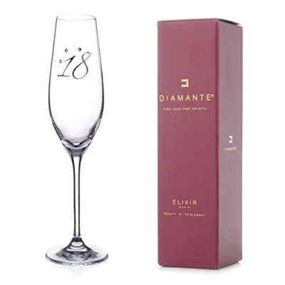 Image of DIAMANTE Swarovski &quot;18th Birthday&quot; Champagne Flute Single Crystal Glass with Platinum 18 Embossed and Crystals Gift Boxed