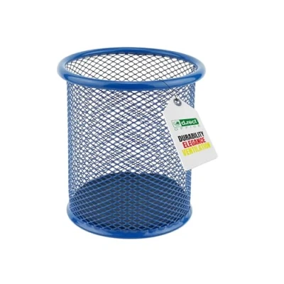 Image of LEVIATAN Metal Pencil Holder Round Pen Multifunction Mesh Pot Perfect for School, Office, Home Ø 91mm Blue