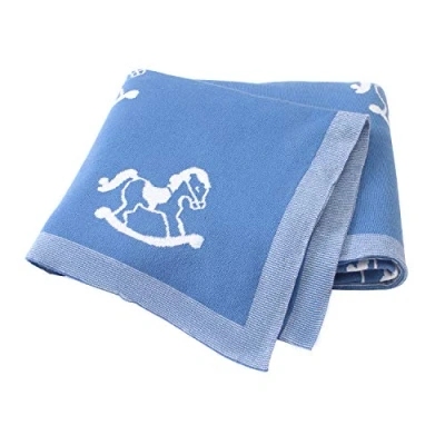 Image of Ziyunlong Baby Blanket 100% Cotton Knit Soft Cozy for Newborn with Lovely Horse 100 x 80cm Blue