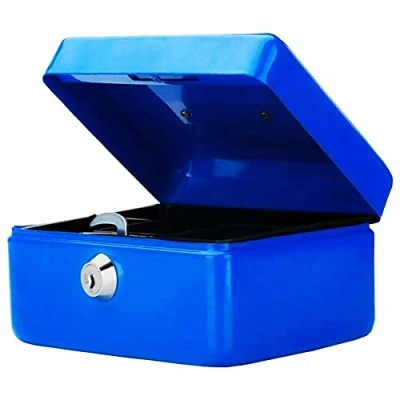 Image of Money Bank Cash Deposit Box Steel Tin Security Safe Petty Key Coin Tray Lockable Metal School Office Home Market Stall UK Free P&amp;P (Blue, 6 INCH)