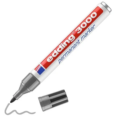 Image of edding 3000 permanent marker grey 1 pen round tip 1.5 3 mm quick drying markers waterproof, smudge proof for cardboard, plastic, wood, metal, fabric pens