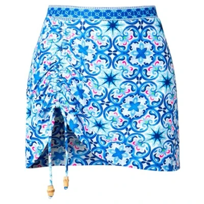 Image of Joe Browns Women&#039;s Recycled Content Grecian Tile Border Print Ruched Side Swim Skirt Briefs, Blue Multi, 18