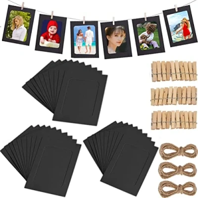Image of 30 PCS DIY Paper Photo Frames 4x6 Picture Frame with Wooden Clips and String Hanging Cardboard 10x15 cm Set for Home Wall Decor (Black)