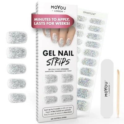 Image of MOYOU LONDON Semi Cured Gel Nail Strips 20 Pcs. Wraps for Salon Quality Manicure Works with Any UV Lamp Easy to Apply, Trim, &amp; Remove Stickers