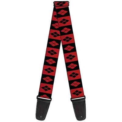Image of DC Comics Guitar Strap, Harley Quinn Diamond Blocks Red Black Red, 2 Inches Wide