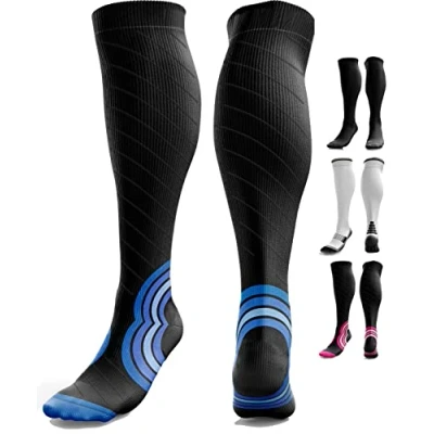 Image of aZengear Compression Socks for Women, Men, Anti DVT Air Flight Travel Ski Knee High Stockings, Swollen Legs, Varicose Veins, Running, Shin Splints Calf Pressure Support, Sports (Black, S/M)
