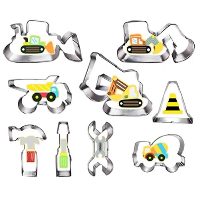 Image of Construction Cookie Cutter Set 9 Piece Excavator Digger Bulldozer Dump Truck Hammer Wrench Tools Cutters Molds for Kids Themed Party