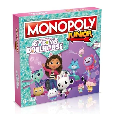 Image of Winning Moves Gabby&#039;s Dollhouse Monopoly Junior Board Game, Buy Panda Paws, Kirry Fairy, Baby Box, DJ Catnip and trade your way to success, great gift for ages 6 plus
