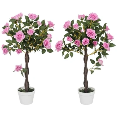 Image of Outsunny Set of 2 90cm/3FT Artificial Rose Tree, Fake Decorative Plant with Pot, Indoor Outdoor Faux Decoration Home Office Décor, Purple
