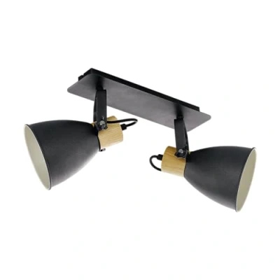 Image of Eglo Coswarth Ceiling Light Fitting, Vintage lamp with 2 Spots, Industrial Spotlight bar, Steel in Anthracite and Cream White, Natural Wood, E27 Socket, FSC Certified