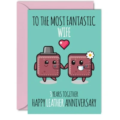 Image of Cute Leather Anniversary Card for Wife 3 Years Together Happy 3rd Wedding Cards from Husband, A5 Greeting Third Anniversaries