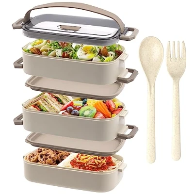 Image of OITUGG Lunch Box Premium 3 Layer Bento for Adults Work 2200ml Lunchbox with Cutlery and Pcs Compartment Adjustable, Leak Proof, BPA Free, Microwaveable, 19.5 x 11.2 15cm, Beige