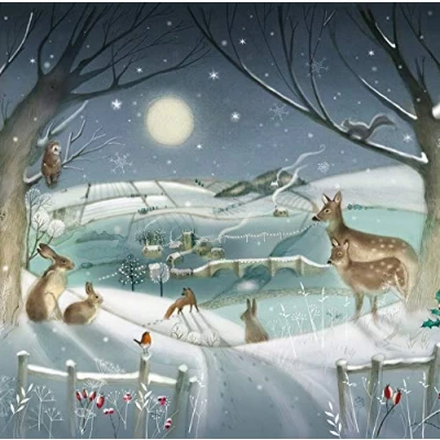 Image of Charity Christmas Cards Pack of 6 Supporting British Heart Foundation Moonlit Winter Wildlife Scene Artistic Festive Design Eco Friendly