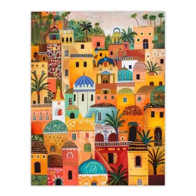 Image of Artery8 Colourful Moroccan Cityscape Painting Exotic Sun Living Room Large Wall Art Poster Print Thick Paper 18X24 Inch