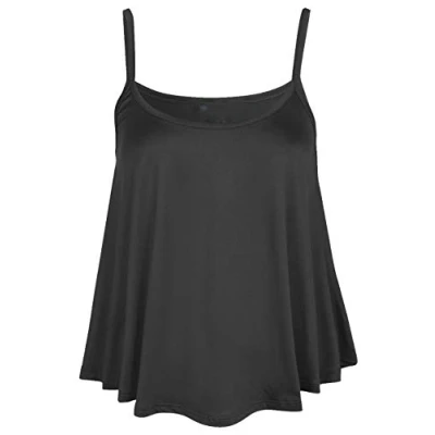 Image of Womens Ladies Camisole Cami Plain Strappy Swing Vest Top Flared Sleeveless Plus Size (Black, UK 12 14)