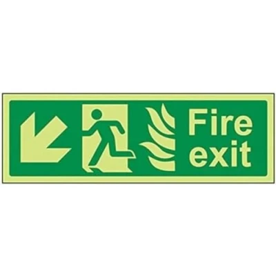Image of V Safety Glow In The Dark NHS Fire Exit Arrow Down Left Sign 300mm x 100mm Rigid Plastic