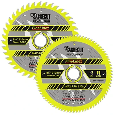 Image of 2 x SCCSW210K1 SabreCut 210mm 40T and 80T 30mm Bore Fineline Thin Kerf Wood Plywood MDF Chipboard Cross Cutting Rip Saw Blades Compatible with Dewalt Makita Milwaukee Many Others