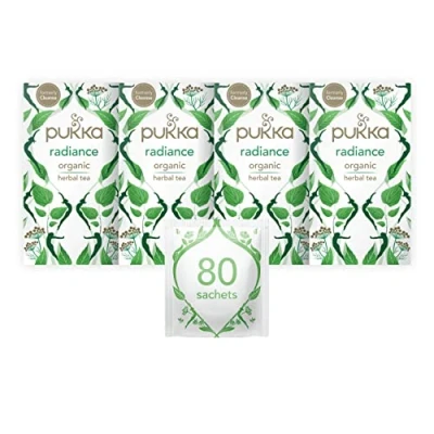 Image of Pukka Herbs Radiance Organic Herbal Tea Box Fennel, Aloe Vera, Peppermint, Dandelion and Nettle Perfect For An Inner Glow Caffeine Free 4 Packs 80 Plant Based Biodegradable Bags