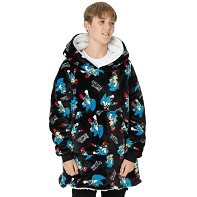 Image of Sonic THE HEDGEHOG Boys Wearable Blanket Hoodie Kids Oversized Black Hooded Gaming Fleece Loungewear Gamer All Over Print One Size Sweatshirt Sleepwear Game Merchandise Gift for Children