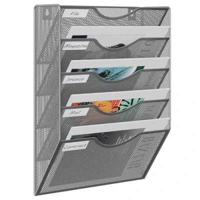 Image of EasyPAG 5 Tier A4 Mesh in Tray Wall Pocket File Holder Mail Organiser Magazine Storage Rack,Silver
